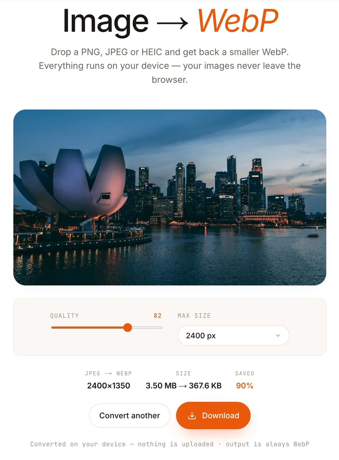 The Image → WebP converter: a city-skyline photo compressed from 3.50 MB to 367.6 KB, a 90% saving, with quality and max-size controls.